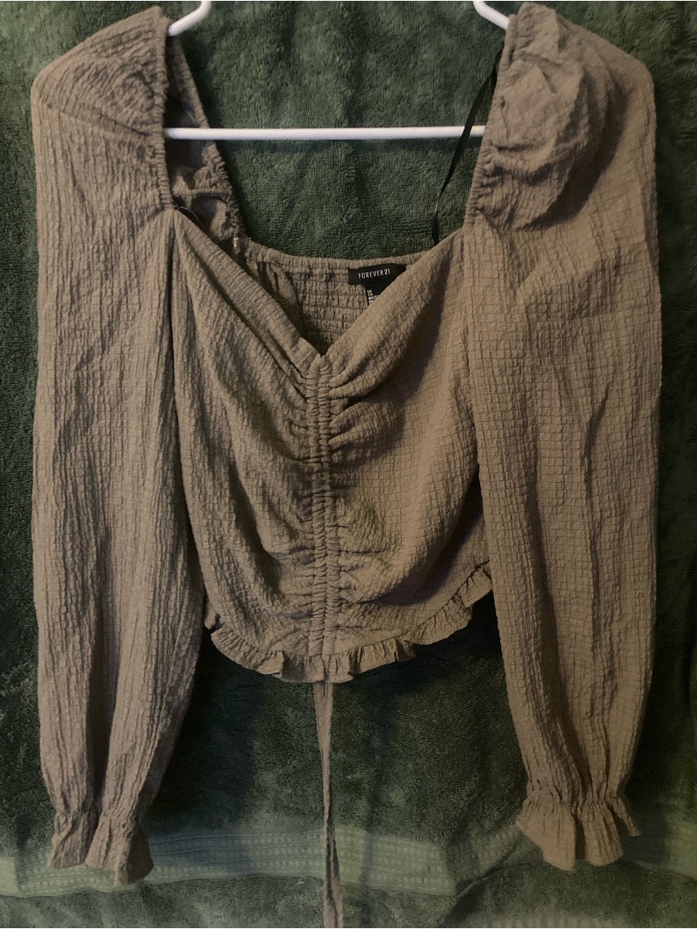 Forever 21 Olive Green Ruched Square-Neck Long Sleeve Crop Top